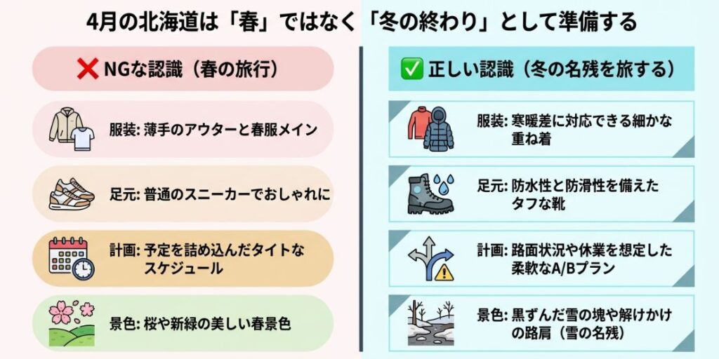 4月の北海道を春と捉えるNGな認識と、冬の終わりと捉える正しい認識を、服装・足元・計画・景色の4項目で比較した表