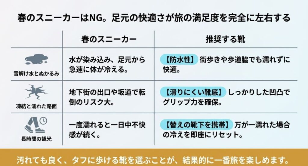 雪解け水や路面凍結のリスクに対し、防水性と滑りにくい靴底を備えたタフな靴の必要性を説いた比較スライド
