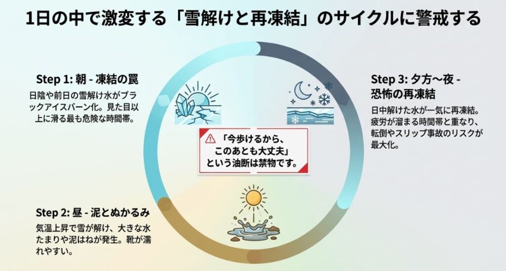 朝の凍結、昼のぬかるみ、夕方から夜の再凍結という、北海道の4月の路面状況が1日で変化するサイクルを解説したイラスト