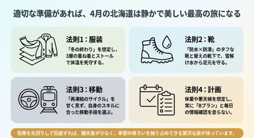 服装・靴・移動・計画の4つの観点から、4月の北海道旅行を安全に楽しむための準備をまとめた最終確認スライド