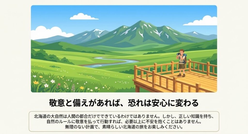 北海道の大自然のイラストに、自然のルールへの敬意と正しい備えの大切さを添えたエンディングメッセージ