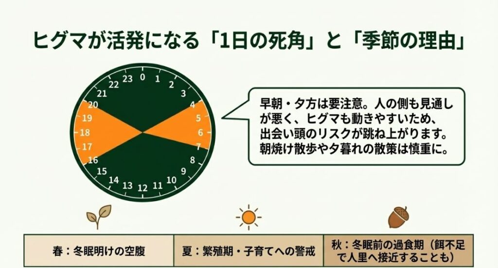 早朝・夕方の注意点と、春夏秋それぞれの行動理由（空腹・繁殖・冬眠前）をまとめた24時間時計と季節の図解