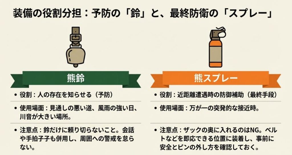 予防のための熊鈴と、最終防衛（最終手段）としての熊スプレーの役割・使用場面・注意点の比較