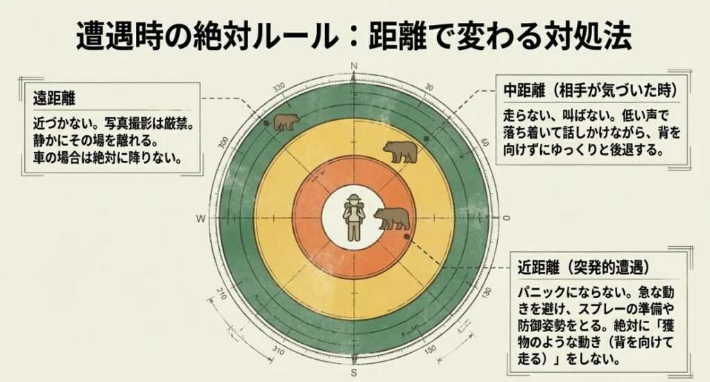 遠距離・中距離・近距離の3段階における、ヒグマとの適切な距離の取り方と行動ルールの図解