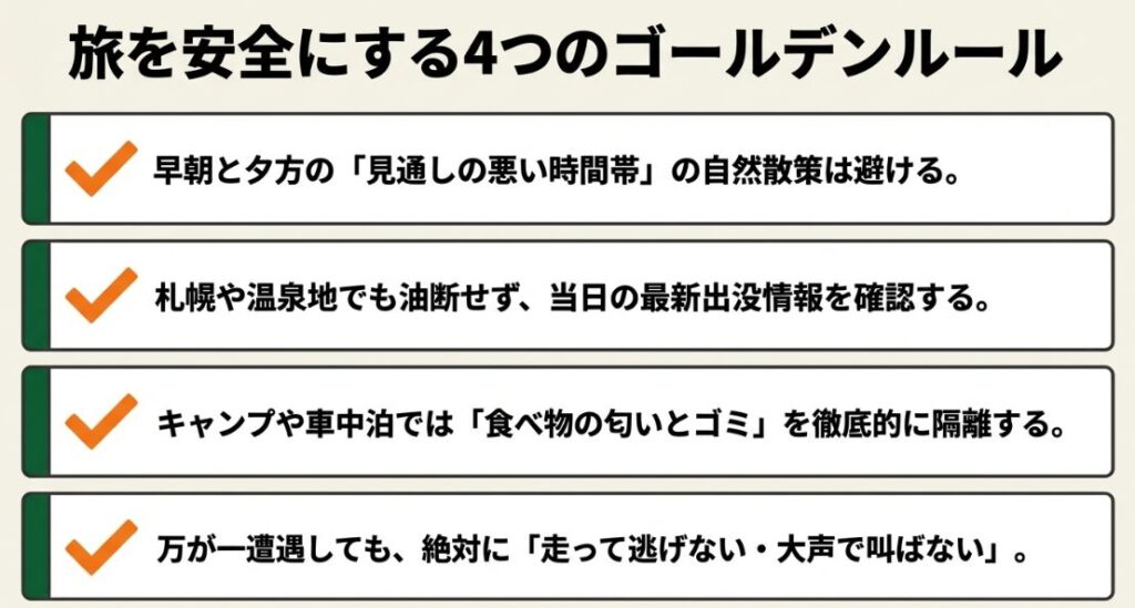 時間帯、最新情報、匂い管理、遭遇時の行動の4項目に絞った安全のための基本ルールまとめ
