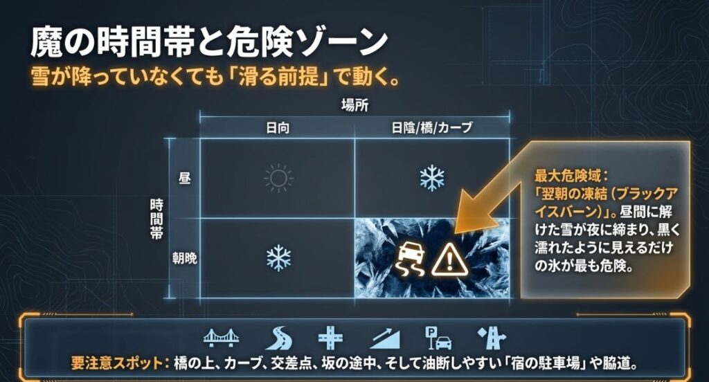 最も危険な「翌朝の凍結(ブラックアイスバーン)」や、橋の上、カーブ、駐車場などの要注意スポット、滑りやすい時間帯をまとめた図解。