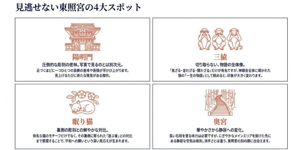 陽明門、三猿、眠り猫、奥宮の4つの見どころと、それぞれの注目ポイントを紹介するイラスト付き解説。