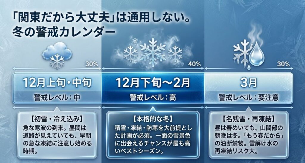 12月から3月までの鬼怒川温泉の警戒レベルを示すカレンダー。12月下旬から2月が最も警戒レベルが高い。