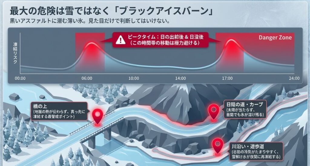 日の出前後と日没後が凍結のピークタイムであることを示すグラフと、橋の上や日陰など凍結しやすい場所の解説。