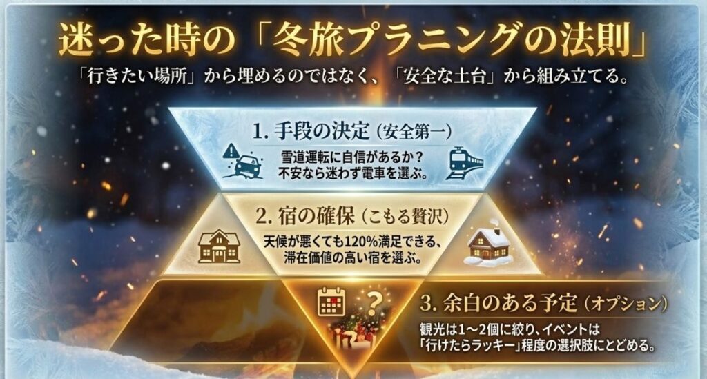 手段の決定、宿の確保、余白のある予定の順番で組み立てる冬の旅行計画の法則。