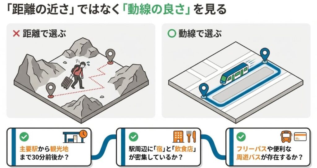 距離の近さで選ぶ失敗例と、駅からのアクセスや周辺施設の密集度、周遊バスの有無などの動線の良さで選ぶ成功例の比較