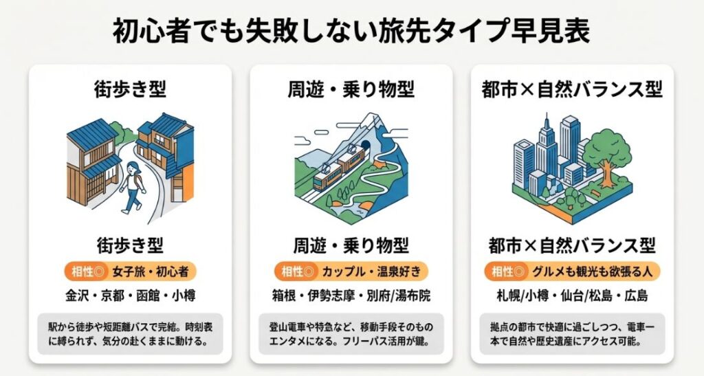 街歩き型、周遊・乗り物型、都市×自然バランス型の3つのタイプと、金沢や箱根、札幌などの代表的なエリアを紹介するスライド