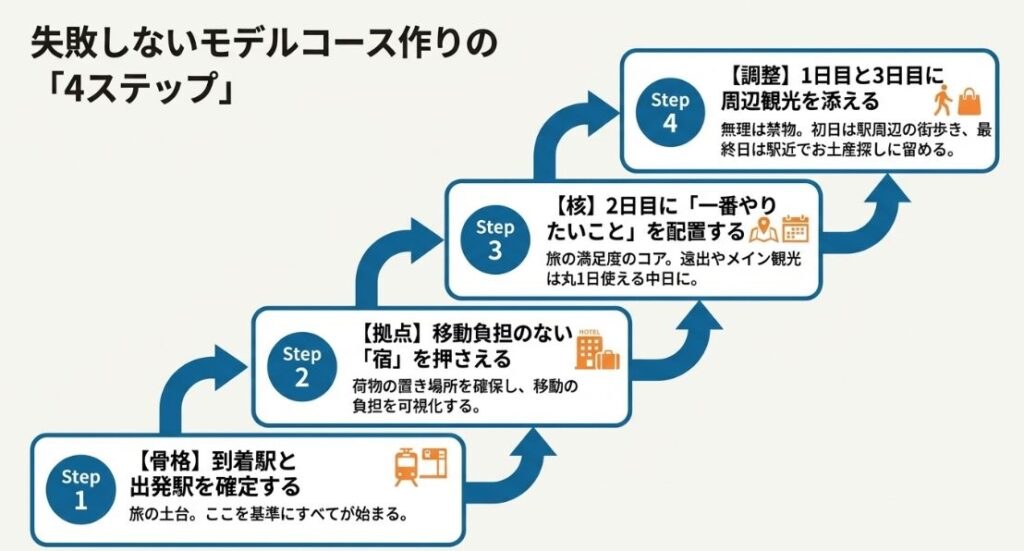 到着駅の確定、宿の確保、2日目へのメイン配置、1・3日目の周辺観光の調整という4つの手順を説明する図