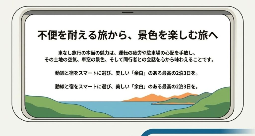 不便を耐える旅から景色を楽しむ旅へ。動線と宿をスマートに選んで美しい余白のある最高の旅を提案するメッセージ