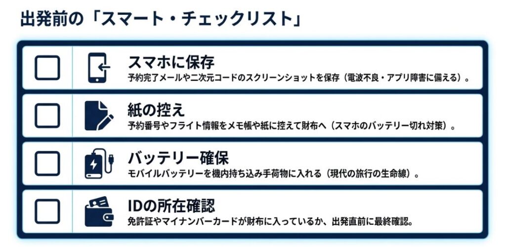 スマホへの保存、紙の控え、モバイルバッテリー、IDの所在確認の4項目をまとめた、旅行当日の焦りを減らすためのチェックリスト。
