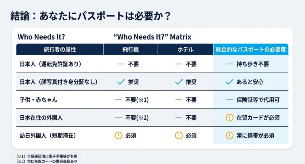 日本人(免許証あり・なし)、子供、在留外国人、訪日外国人のカテゴリー別に、飛行機やホテルでのパスポート必要度をまとめた比較表。