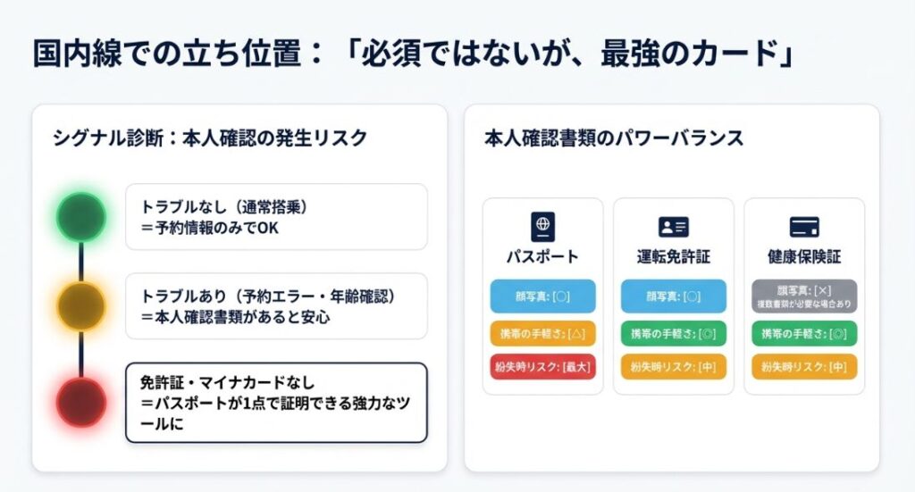パスポート、運転免許証、健康保険証の3種について、顔写真の有無、携帯の手軽さ、紛失時のリスクを比較した図解。
