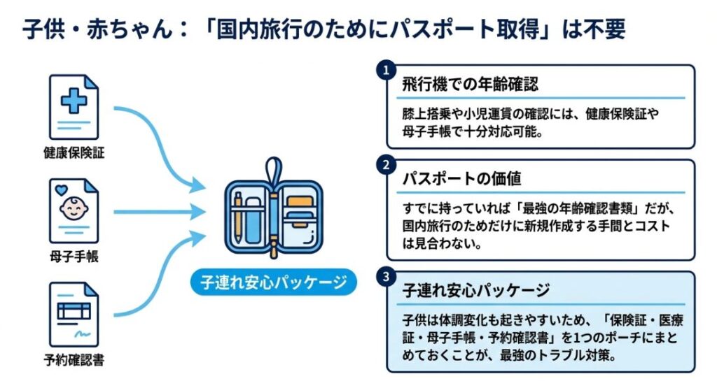 健康保険証、母子手帳、予約確認書をセットにする「子連れ安心パッケージ」の提案と、子供の年齢確認に関する解説。