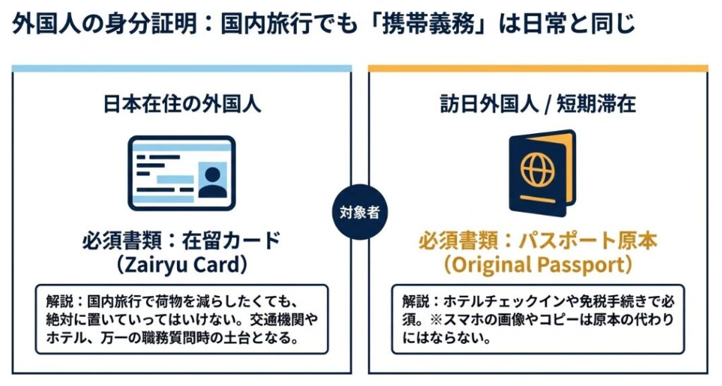 日本在住外国人は「在留カード」、訪日外国人は「パスポート原本」の携帯が、国内旅行中も必須であることを説明する比較図。