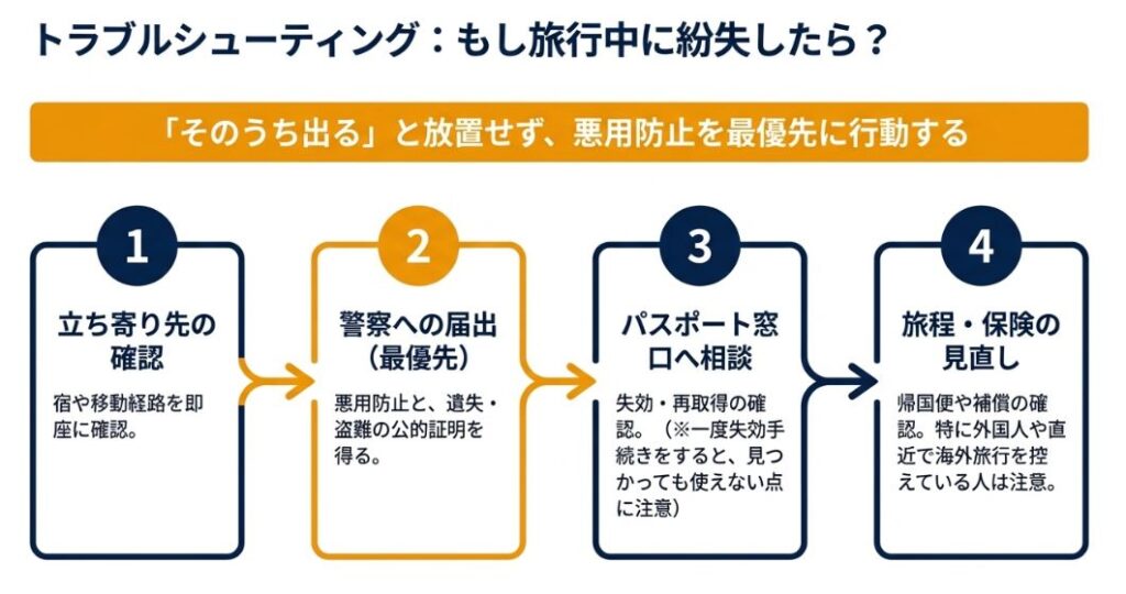 1.立ち寄り先の確認、2.警察への届出、3.パスポート窓口への相談、4.旅程の見直しの手順を示したフローチャート。