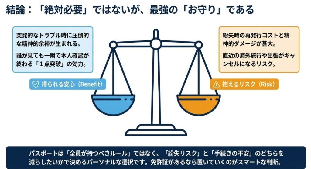 パスポートを持つメリット(精神的余裕)とリスク(紛失時のダメージ)を天秤にかけた比較図。