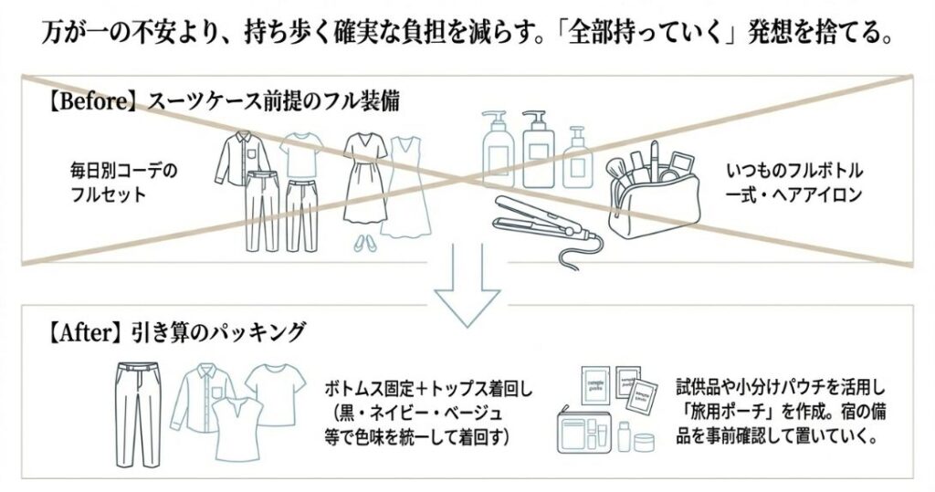 毎日別コーデから「着回し」へ、フルボトルから「小分けパウチ」へ変更することで荷物を大幅に減らすパッキング術の比較図。