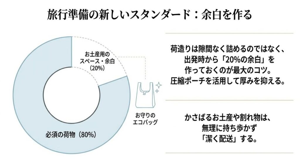 荷造り時に20%の空きスペースを作ることや、かさばるお土産は無理せず配送サービスを利用することを推奨するイラスト。