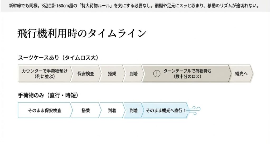 スーツケースを預けた場合と、手荷物のみの場合の空港到着後のタイムライン比較。荷物待ちの時間(数十分のロス)をカットして観光へ直行できることを示す図。