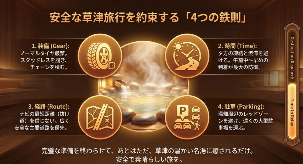 装備、時間、経路、駐車の4つのカテゴリーにわたる安全対策の最終まとめ 。