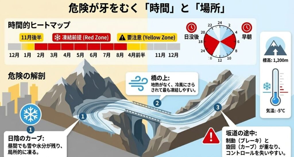 橋の上、日陰のカーブ、坂道の途中など凍結しやすい場所と 、日没後や早朝など危険な時間帯を示すヒートマップ 。