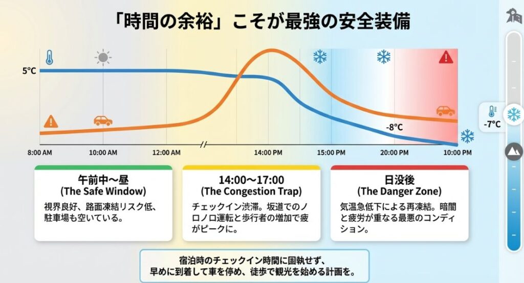午前〜昼(安全)、14時〜17時(渋滞)、日没後(危険)の時間帯別リスク管理 。夜間は-8°Cまで冷え込み路面が再凍結するリスクを提示 。