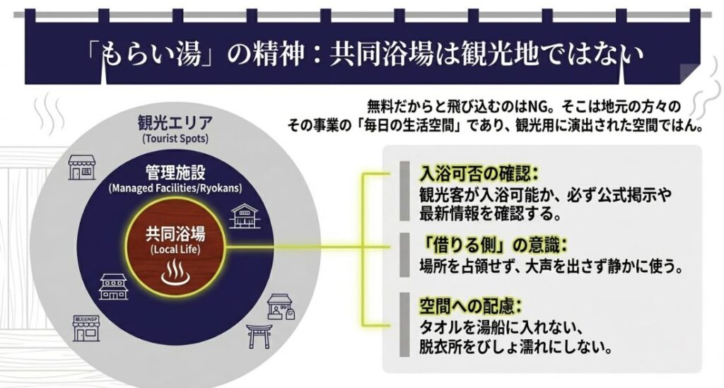 共同浴場は観光施設（管理施設）ではなく、地元の方の「毎日の生活空間」であることを示す図。入浴可否の確認や場所を占領しないマナーについて。