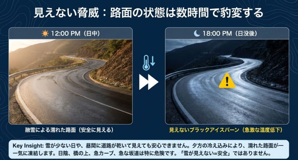 昼間は濡れた路面に見えても、日没後には急激な温度低下で「ブラックアイスバーン」に変化する危険性を警告する比較画像。