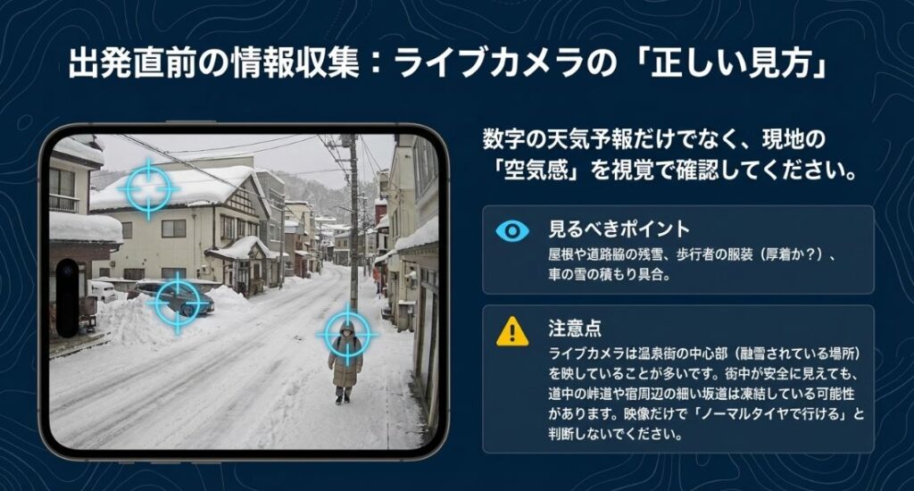 ライブカメラで見るべきポイント（屋根や道路脇の残雪、歩行者の服装、車の積雪）をターゲットマークで示した解説画像。