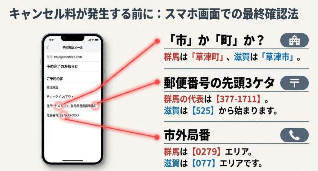 スマートフォンの予約確認メール画面を例に、群馬県草津町の郵便番号「377」や市外局番「0279」を確認する箇所を強調した画像。