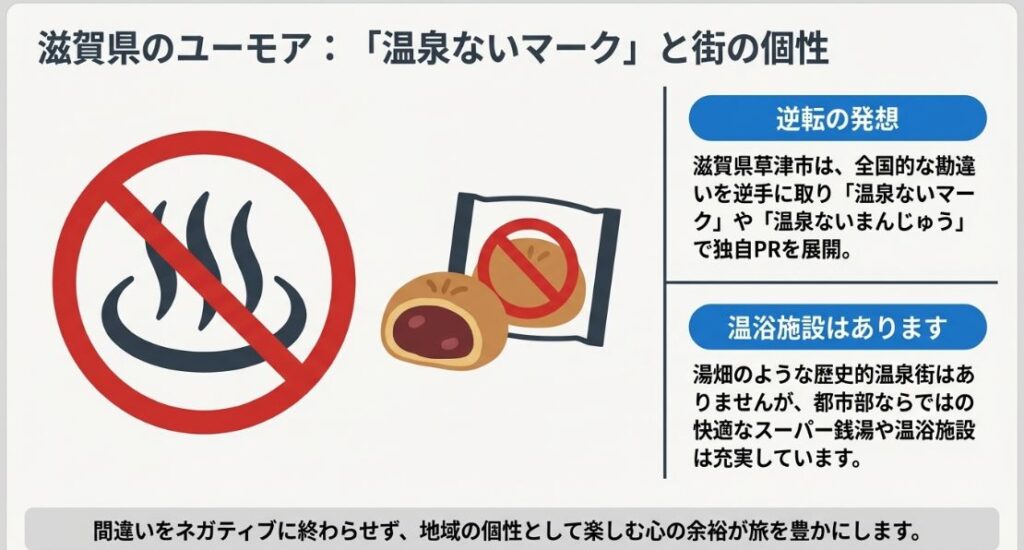 滋賀県草津市が「温泉がない」ことを逆手に取って展開している温泉ないマークや温泉ないまんじゅうの紹介スライド。