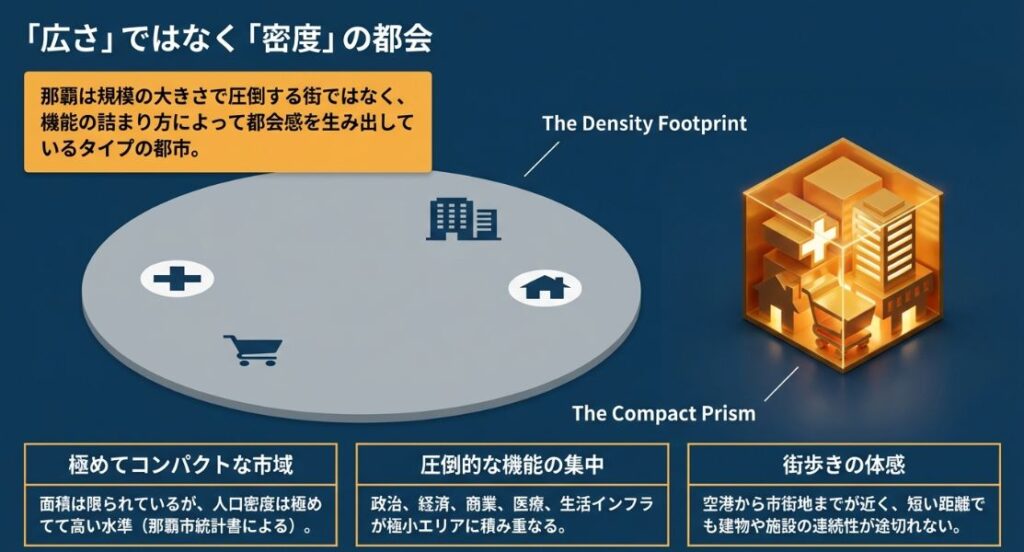 那覇の都会性を「広さ」ではなく、コンパクトな市域に政治・経済・商業・医療が積み重なる「密度」で表現した図解。