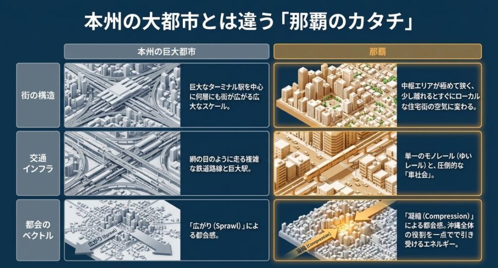 本州の巨大都市が「広がり(Sprawl)」であるのに対し、那覇は狭いエリアに機能が凝縮された「凝縮(Compression)」の都会であることを比較した表。