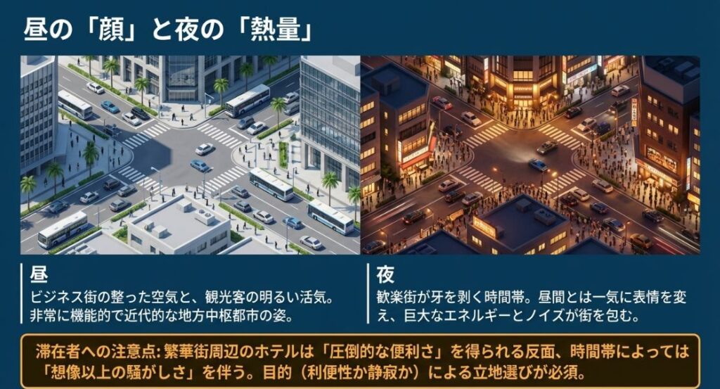 ビジネス街としての整った昼の顔と、歓楽街のエネルギーが包む夜の顔を対比させ、宿泊地選びの注意点を促すイラスト。