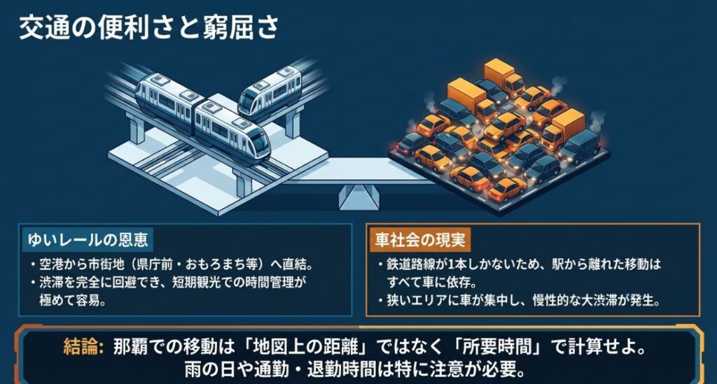渋滞を回避できるゆいレールの恩恵と、鉄道路線の少なさからくる慢性的な大渋滞という、那覇の交通事情の現実を示す図解。