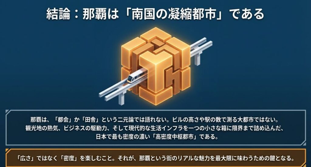那覇は「都会か田舎か」ではなく、あらゆる機能を一つの箱に詰め込んだ日本で最も密度の濃い「高密度中枢都市」であるという結論をまとめた画像。