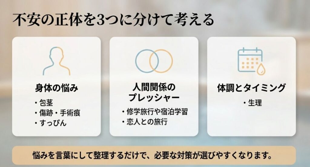 不安の正体を「身体の悩み」「人間関係」「体調とタイミング」の3つに分類して整理したスライド。