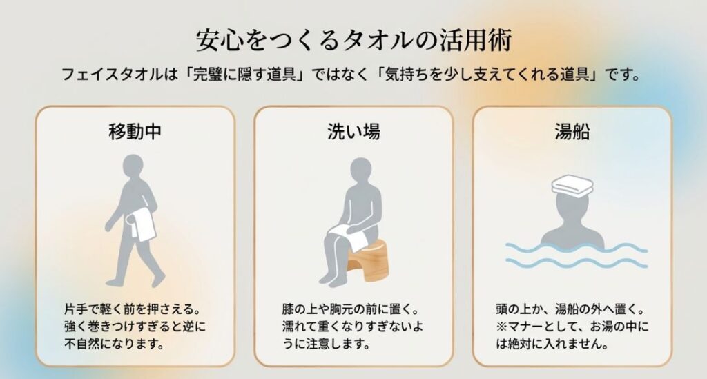 移動中、洗い場、湯船の3つの場面におけるタオルの具体的な扱い方を解説した図解スライド。