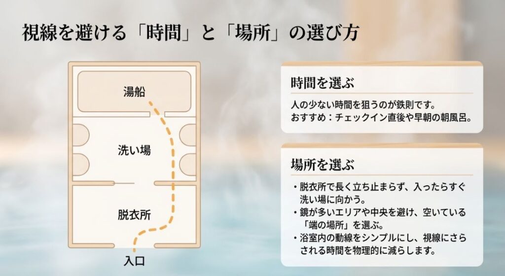 脱衣所から洗い場へのシンプルな移動経路を示す浴室マップと、おすすめの時間帯を記したスライド。