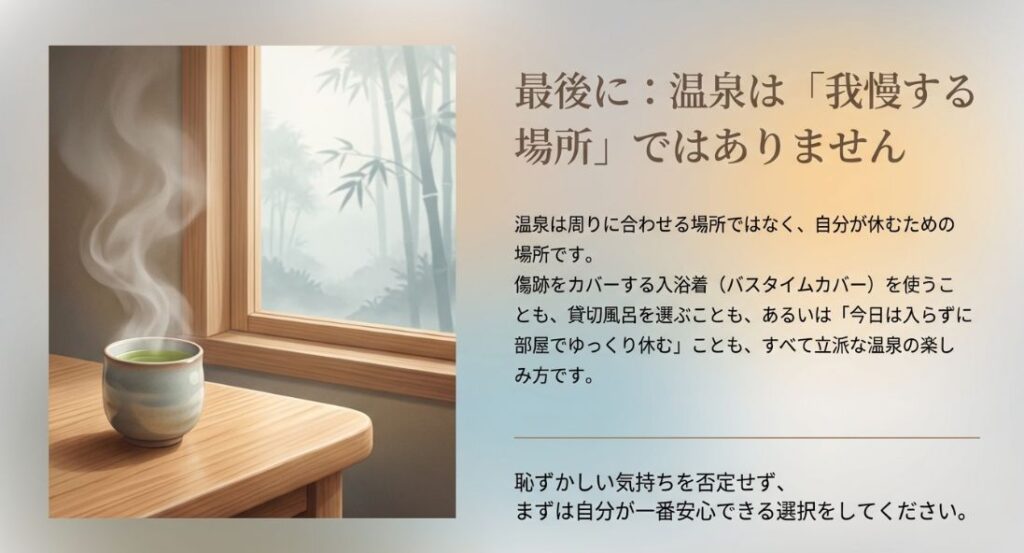 「温泉は我慢する場所ではなく自分が休むための場所」という結びの言葉と、お茶のイラストのスライド。