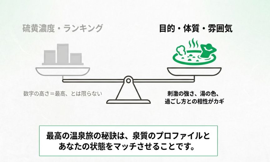 天秤の左側に硫黄濃度ランキングの棒グラフ、右側に温泉に浸かる人のイラストが描かれた図。数字の高さが最高とは限らず、刺激の強さや湯の色、過ごし方との相性がカギであることを示しています。
