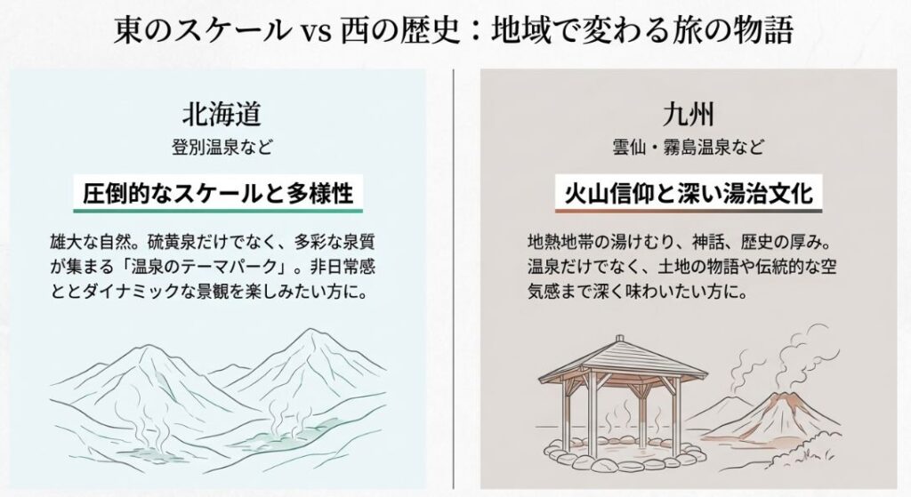 北海道の登別温泉（多様な泉質と雄大な自然）と、九州の雲仙・霧島温泉（火山信仰と深い湯治文化）を比較したイラスト。