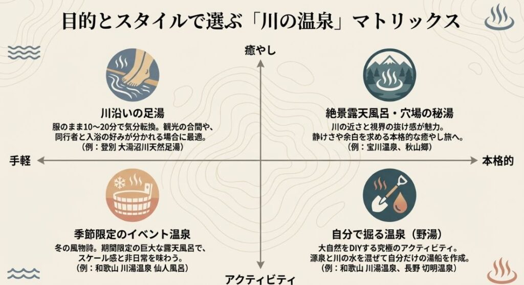 足湯、絶景露天、イベント温泉、野湯を、手軽さ・本格的・癒やし・アクティビティの軸で分類したマトリックス図。