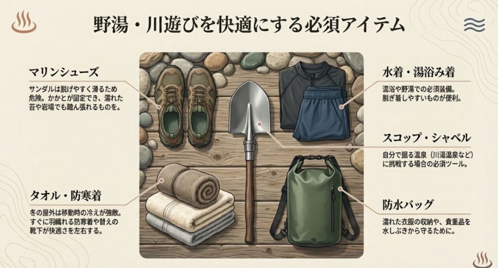 水着、マリンシューズ、スコップ、タオル、防水バッグなど、川の温泉を快適に楽しむための装備イラスト。