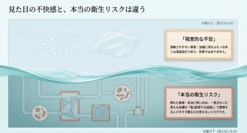 水面に見える浮遊物は温泉成分で危険ではないことが多いが、本当のリスクは配管やろ過器の中に潜むレジオネラ菌など見えない場所にあることを示すイラスト。